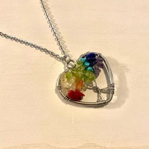Rainbow natural stone tree in heart necklace